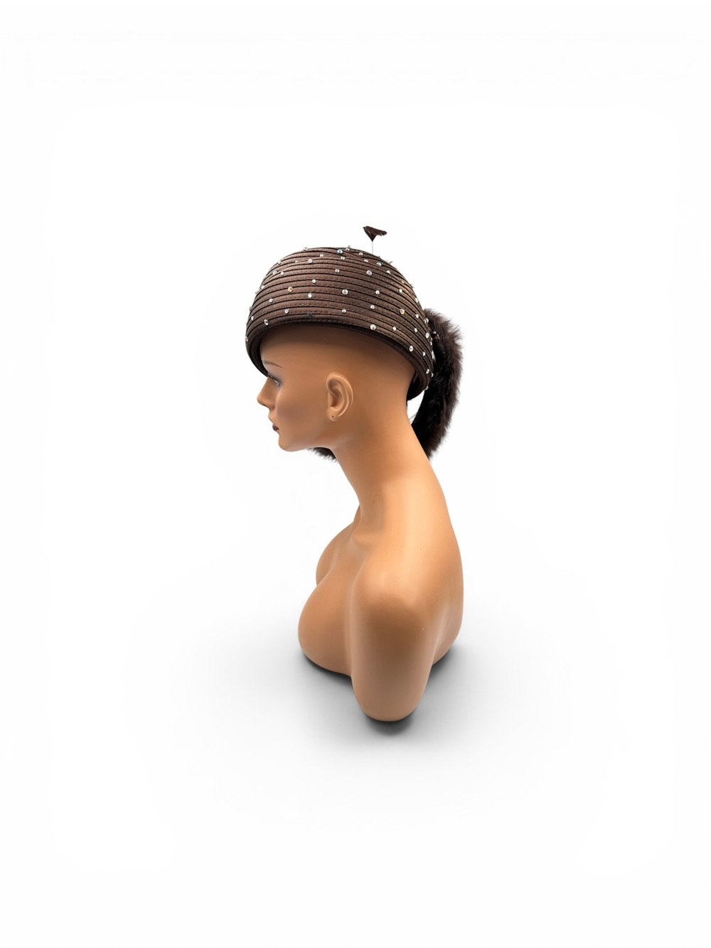 Vintage ML Studio Brown Rhinestone Genuine Fur & Feather Derby Cocktail Hat OS - Picture 4 of 9